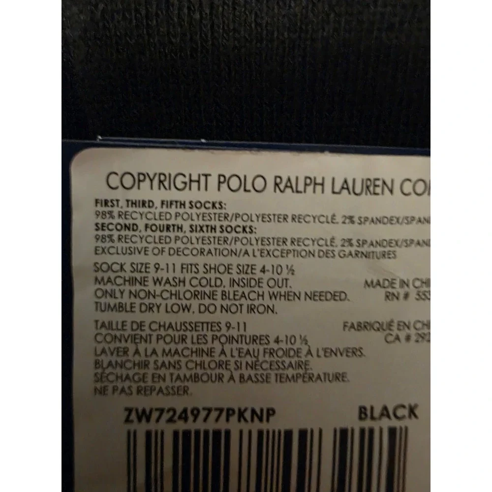 Polo Ralph Lauren 6 Pair Black Ankle Socks Multi Color Logo Size 9-11 NEW
